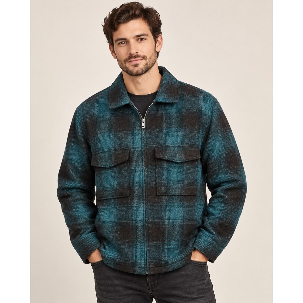 H&M Men's XL Teal Black Plaid Zip Shacket Jacket Grunge Streetwear Workwear